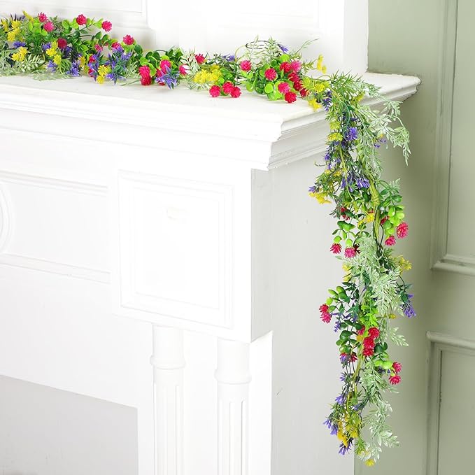 2 Pcs 6 ft Spring/Summer Wildflower Garland Artificial Greenery Flower Garland with Daisy and Lavender Fake Floral Vine for Birthday Party Wedding Mantle Porch Staircase Home Table Centerpiece Decor
