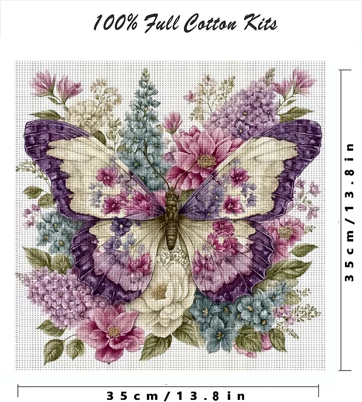 Butterfly & Floral Stamped Cross Stitch Kit for Adults – 11CT Beginner Needlepoint Embroidery Set with Pre-Printed Fabric, Threads & Needles, DIY Craft Art for Home Wall Décor Gift, 14x14 Inch