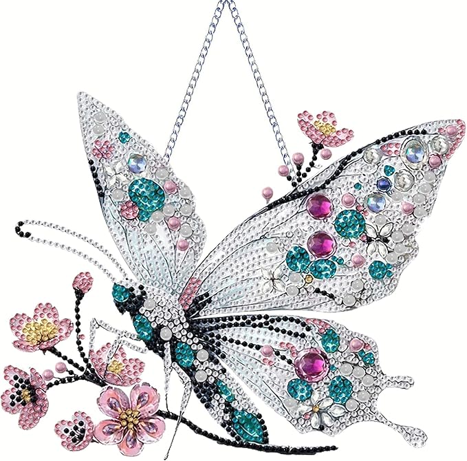 Hanging Diamond Art Kits for Adults Pendant Butterfly, Special Shaped Crystal DIY Diamond Painting Kit, Acrylic Board Flower Pendants Double Sided, Home Decor 9.64 Inch