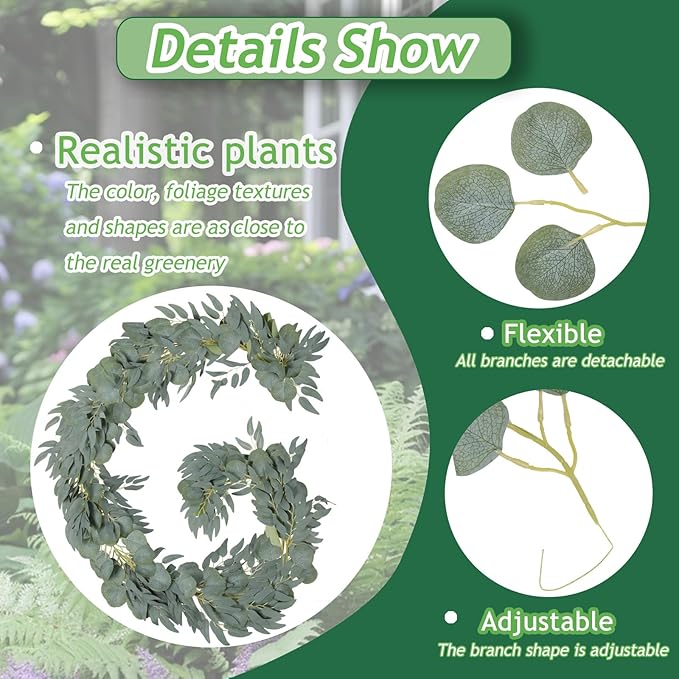 2 Pack Artificial Eucalyptus Garland with Willow Leaves Handmade Faux Greenery Garland 6.56 Feet for Wedding Backdorp Arch Wall Table Runner Decor Birthday Bridal Baby Shower Indoor Outdoor