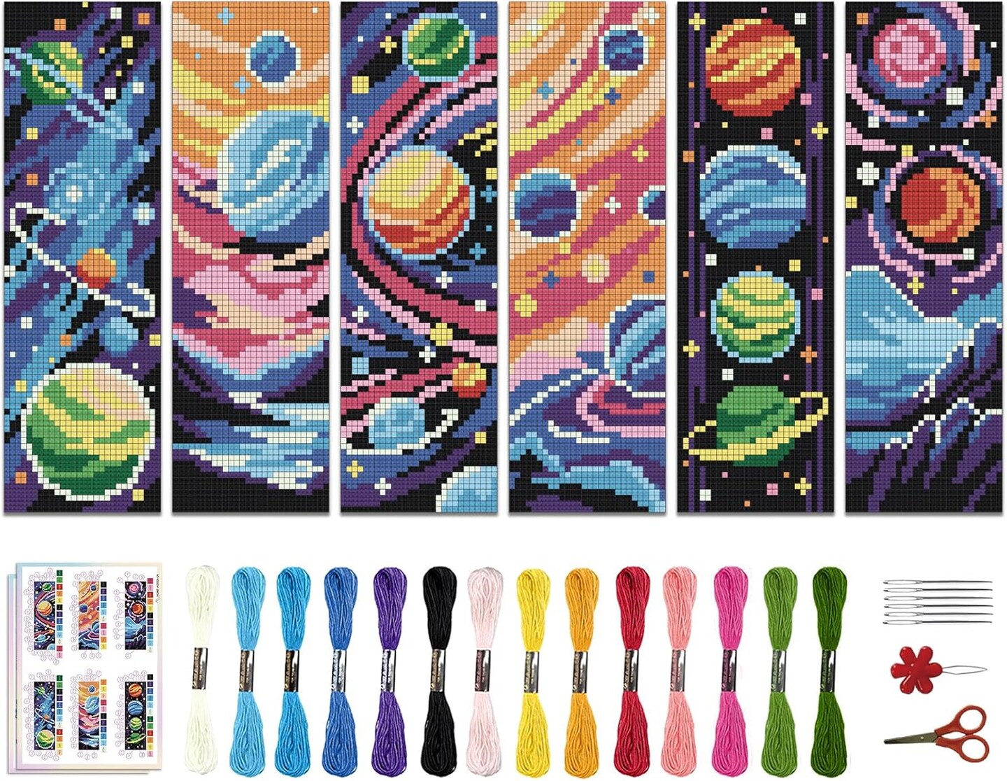 6PCS Cosmic Planet Cross Stitch Bookmark Kit – Beginner-Friendly DIY Stamped Embroidery for Adults, Handcrafted Bookmarks with Instructions