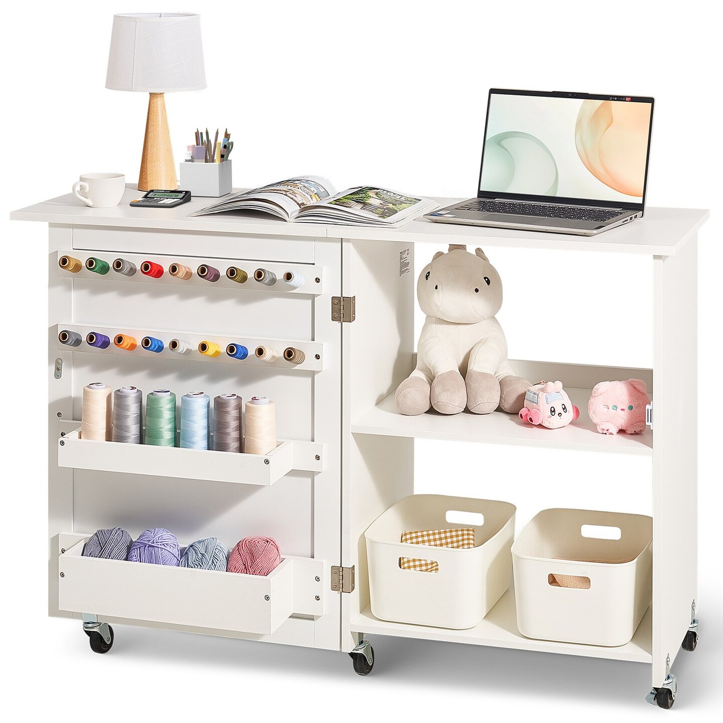 Folding Sewing Desk with Storage Trays 46 Inch Work Surface Natural Wood