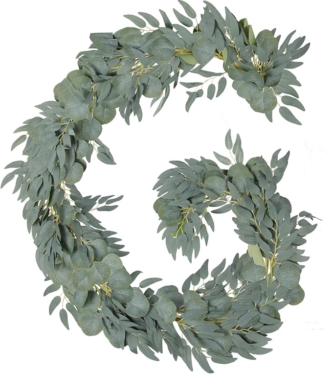 2 Pack Artificial Eucalyptus Garland with Willow Leaves Handmade Faux Greenery Garland 6.56 Feet for Wedding Backdorp Arch Wall Table Runner Decor Birthday Bridal Baby Shower Indoor Outdoor