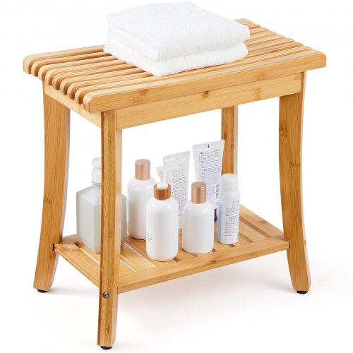 Wicker Shower Bench Stool 330 lbs Capacity with Storage Shelf Natural Wicker