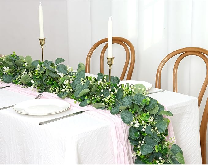 Eucalyptus Garland, 2 Packs 5.9FT Greenery Garland with Gypsophila Flowers Artificial Faux Silver Dollar Eucalyptus Leaves Fake Vines for Indoor Outdoor Table Mantle Home Party Wedding Decor