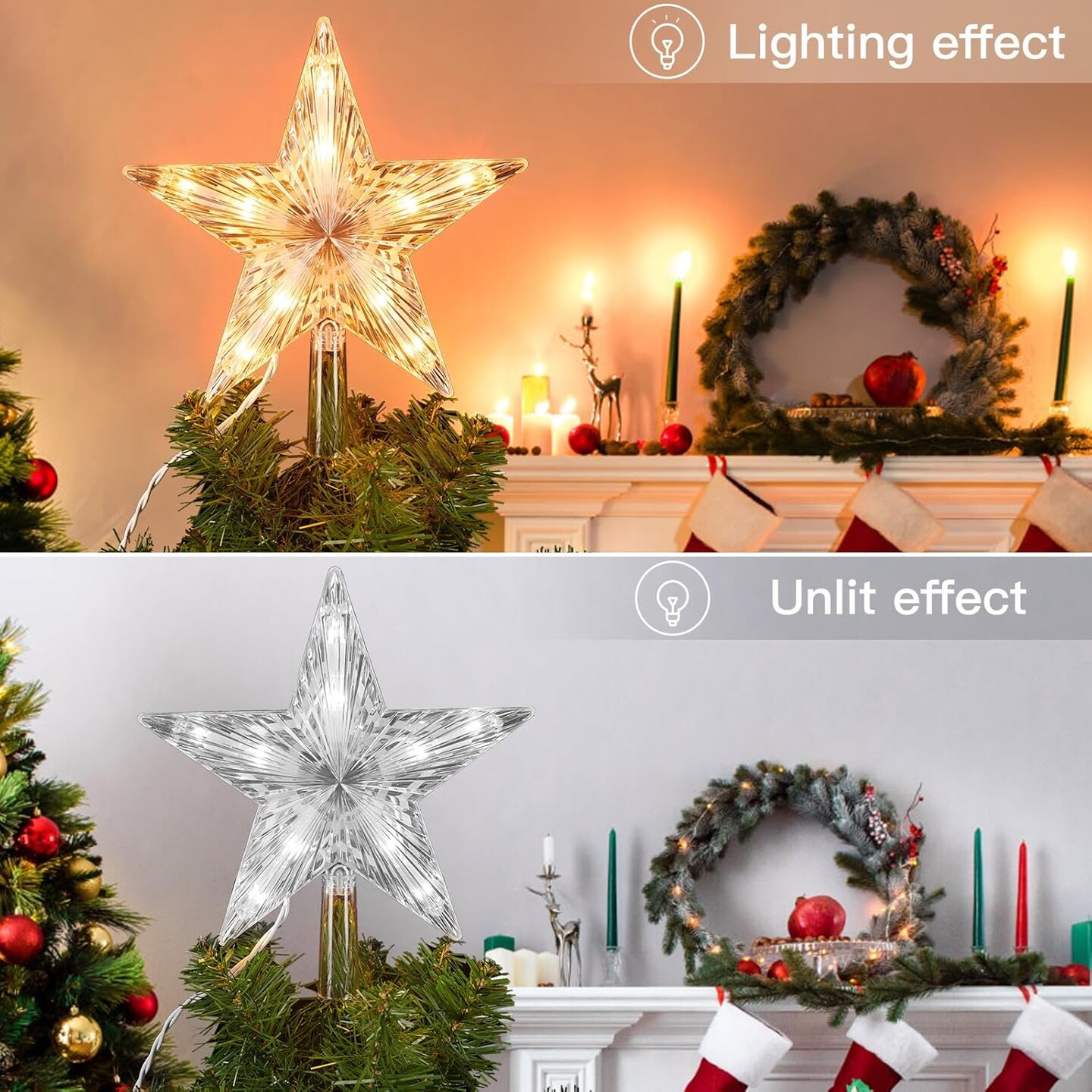 Christmas Tree Topper Lighted Star with Built-in 10 Replaceable Bulbs, 9.5&#x201D; Clear Five-Pointed Star Tree Topper Plug in for Indoor Office Xmas New Year Holiday Tree Decoration, Warm White