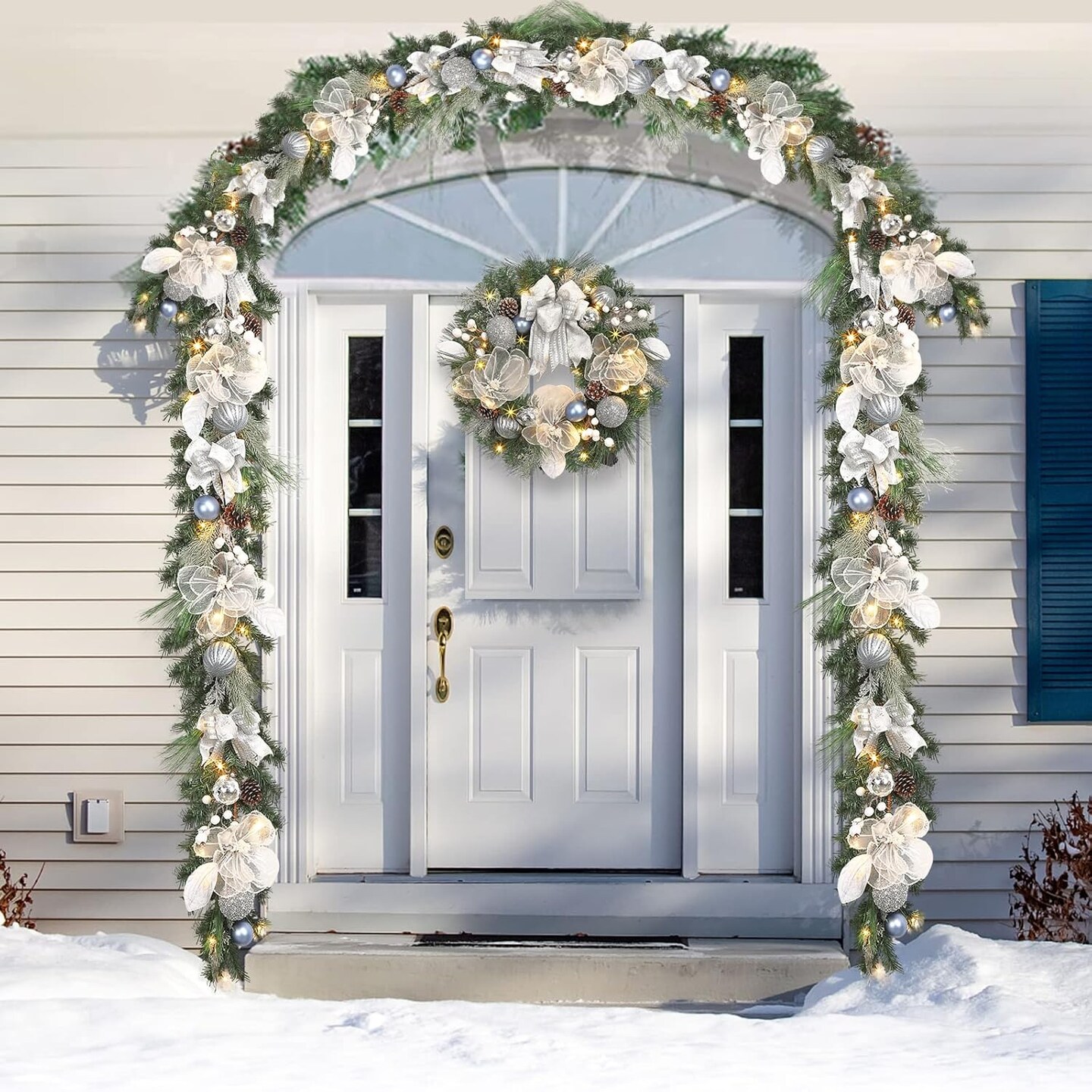 Pre-lit 6 feet Winter White Silver Christmas Garland Decor 20 LED Lights,Garland with Balls and Ribbon Bow,Xmas Decoration on Mantle Fireplace Front Door Indoor Outdoor,Battery Operated