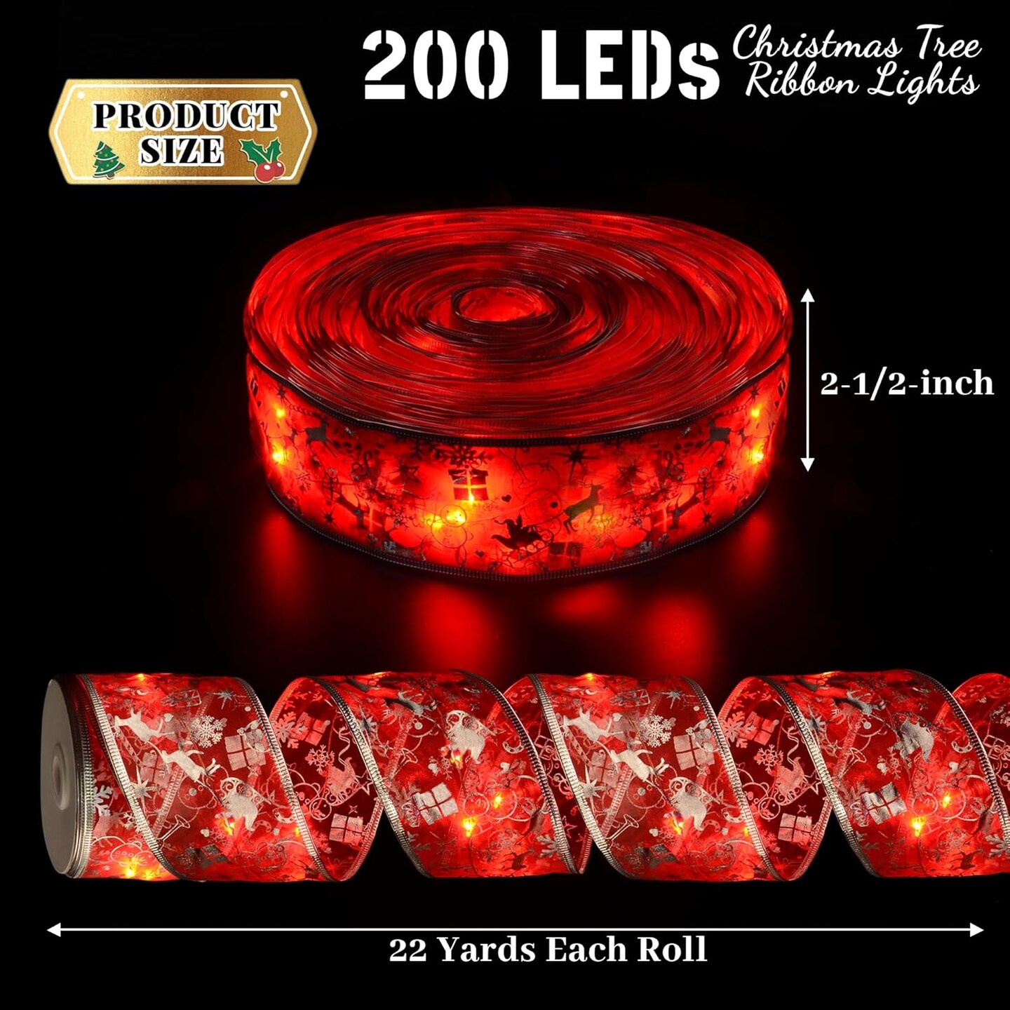 Christmas Decorations - 2.5Inch x 66Ft 200 Led Christmas Tree Ribbon Lights with 8 Lighting Modes, Battery Operated & USB Powered Fairy String Lights with Timer for Xmas Tree Decor