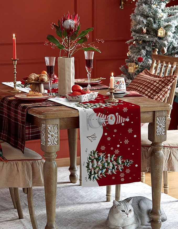 Inches, Snowman Rustic Red Snowflake Bed Runner Dress Scarves, Farm Xmas Tablerunner for Dining/Holiday/Coffee Table 13&#x22;x 36&#x22;