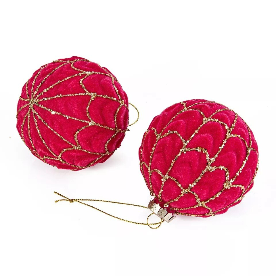 SET OF 2 Velvet Flocked Ornaments, Glass Baubles, Christmas Globes 3.15&#x22;, RED