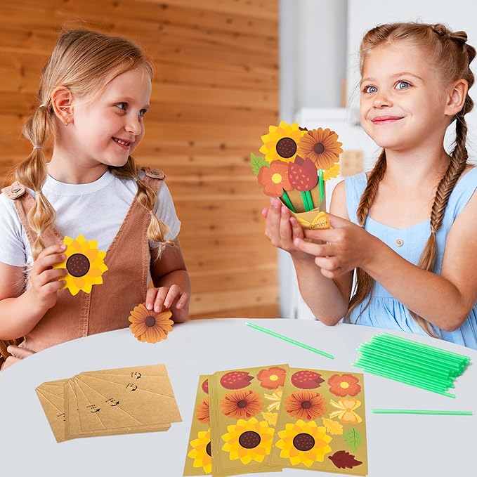 Flower Bouquet Craft Kit - 24Pcs Fall Flower Bouquet Craft for Kids Make Your Own Thankful Flower Bouquet Autumn Fall Florals Thanksgiving DIY Gift Craft School Classroom Home Fun Activities