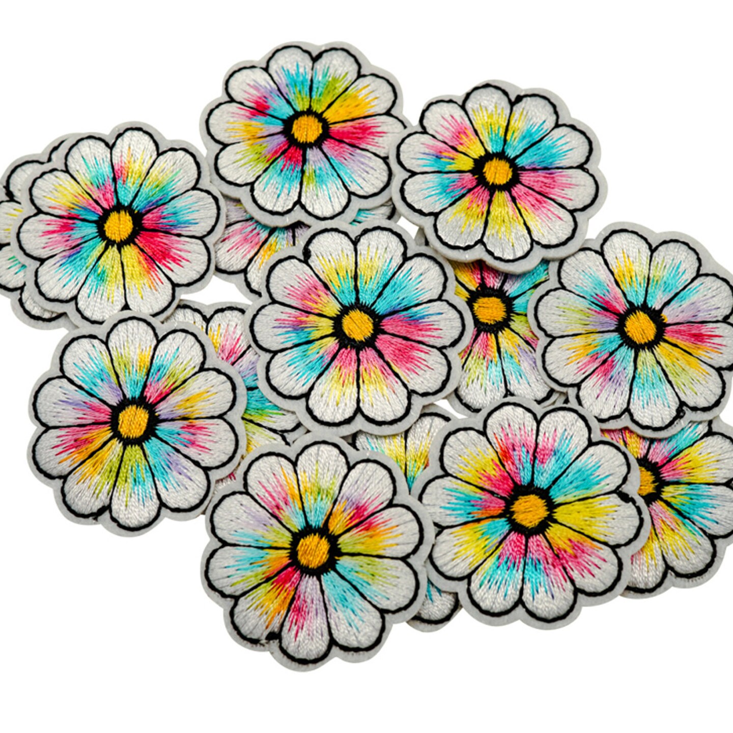 1 1/2&#x22; Rainbow Colored Daisy Flower Embroidery Iron On Heat Transfer Patch Pack of 72