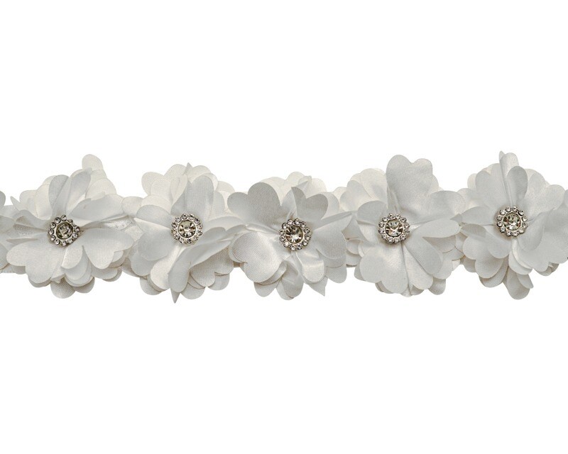2&#x22; x 10 Yards White 3D Satin Flower Trim with Diamond Center
