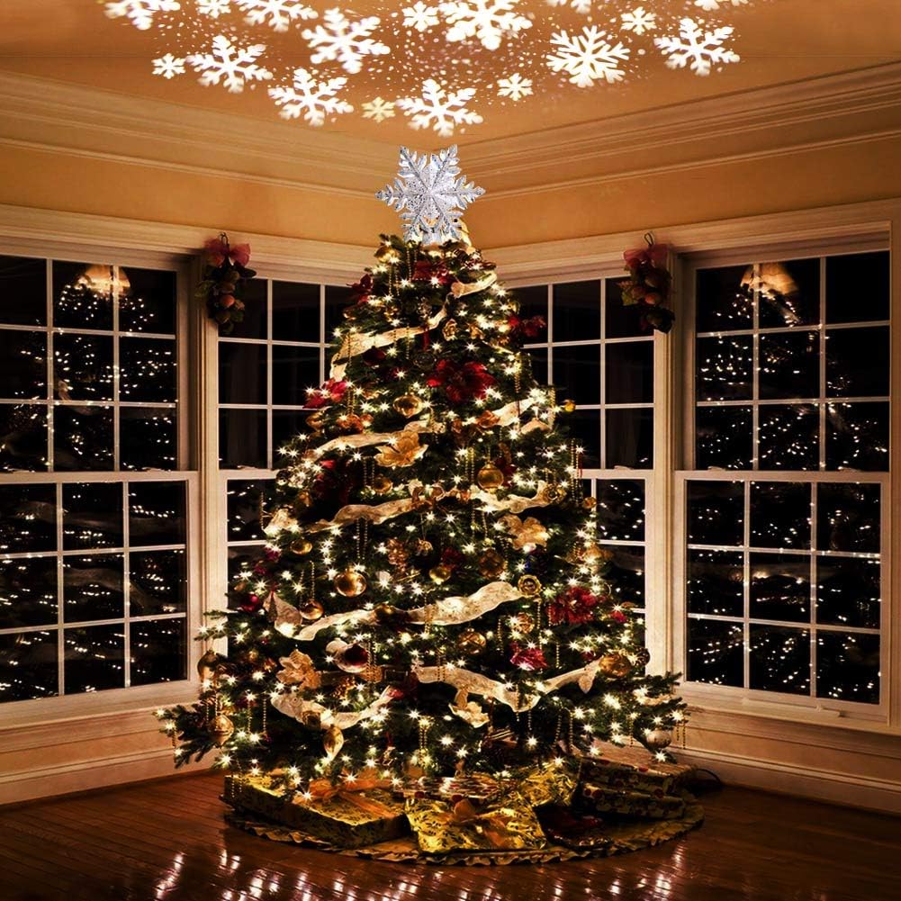 Christmas Tree Topper Lighted with LED Rotating Silver Snowflake Decorations Projector Silver Snow Tree Topper Night Light Projector for Indoor Outdoor Christmas Tree Decorations