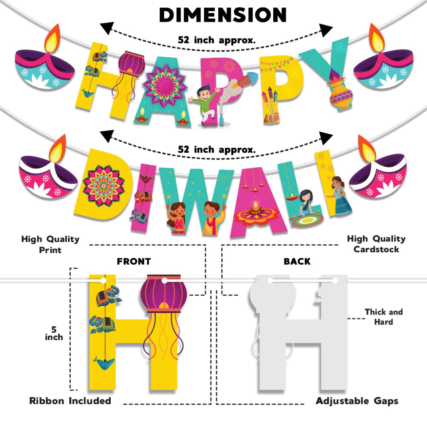 Happy Diwali Banner Bunting Diy Hanging Decorations Festival of Light Deepawali Diya Wall Hanging Decor for Home - Party Supplies Indian Themed Party Backdrop Decoration