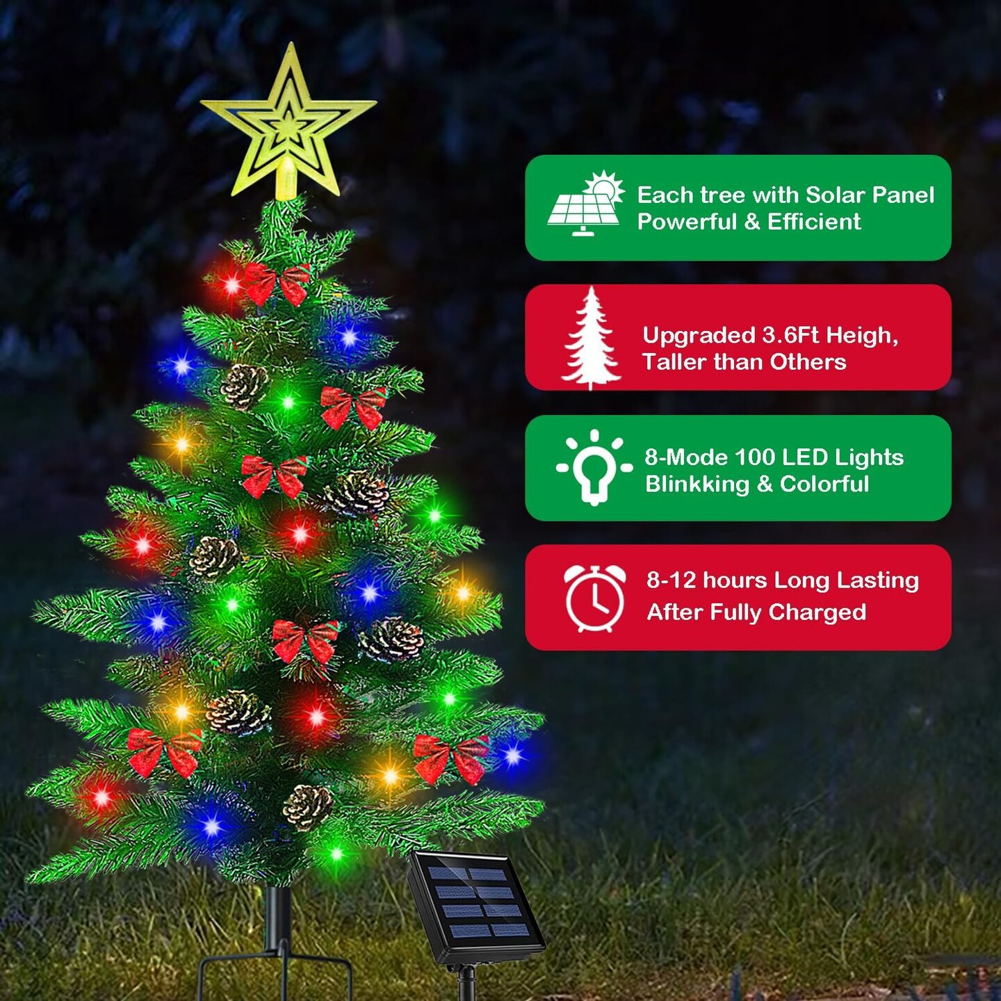 Upgraded 3.6Ft Solar Christmas Tree Pathway Lights, 2 Pack 100 LED Xmas Tree with 50 Pcs Christmas Ornaments, Prelit Christmas Tree Yard Stake Lights for Christmas Decorations Outdoor Yard Porch