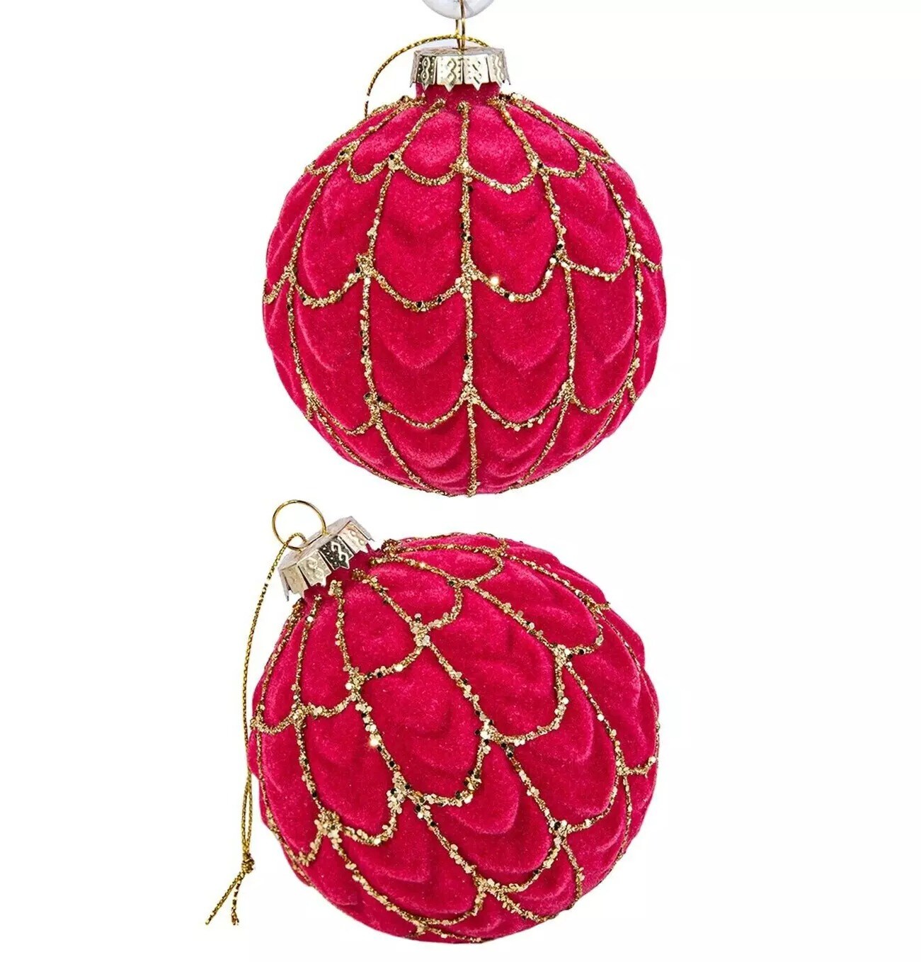 SET OF 2 Velvet Flocked Ornaments, Glass Baubles, Christmas Globes 3.15&#x22;, RED