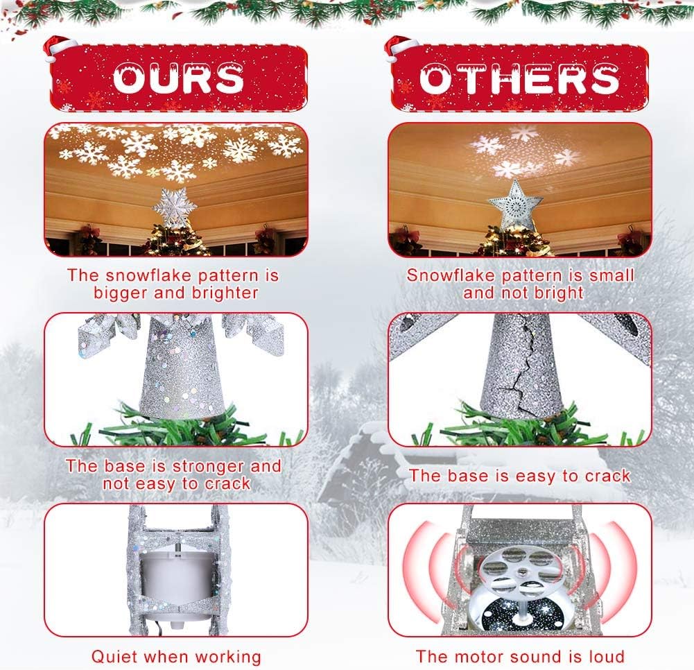 Christmas Tree Topper Lighted with LED Rotating Silver Snowflake Decorations Projector Silver Snow Tree Topper Night Light Projector for Indoor Outdoor Christmas Tree Decorations