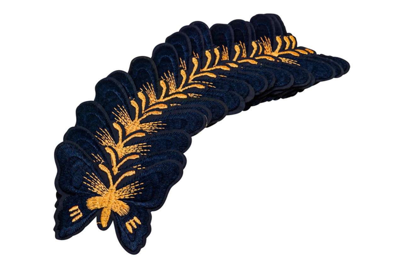 3"x 2 1/4" Navy Blue / Gold Embroidery Heat Transfer Iron On Butterfly Patch Pack of 72