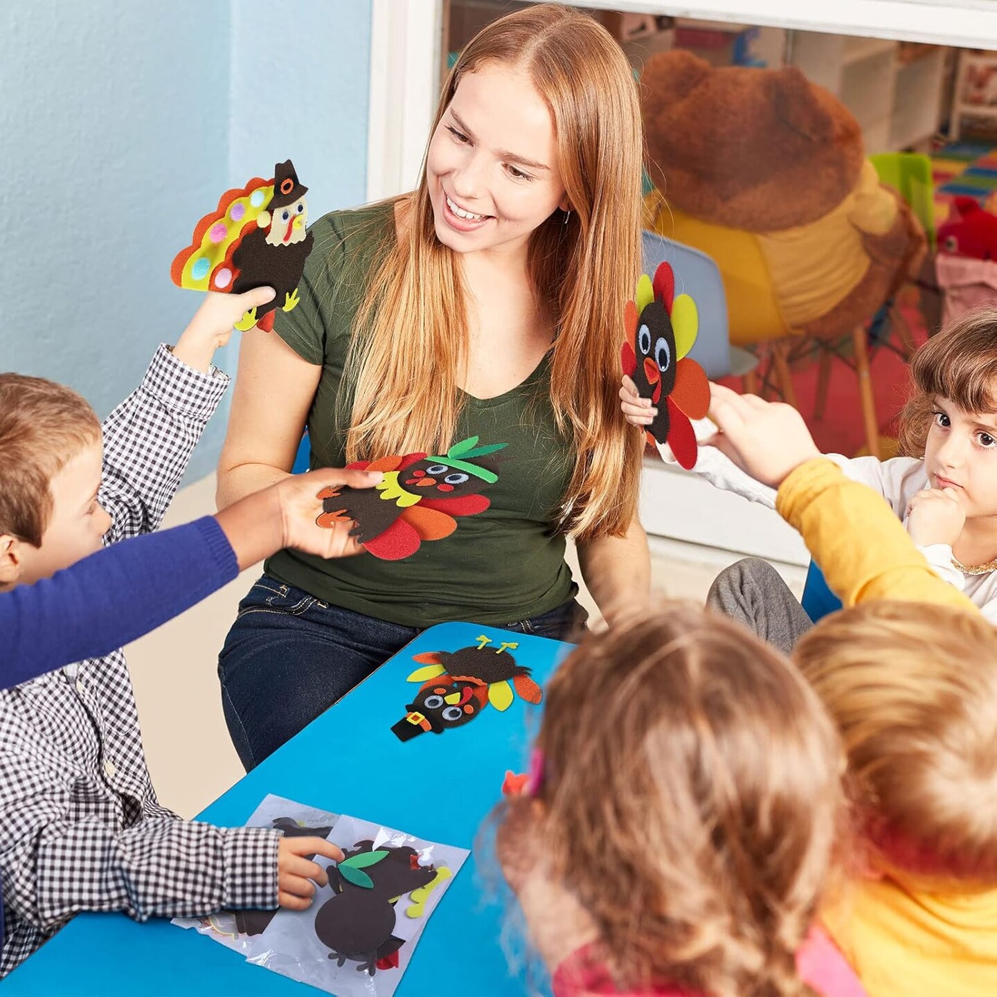 8Pcs Fall Thanksgiving Foam Turkey Magnet Craft Kit Autumn Refrigerator Magnets with Colorful Pompoms for Kids Adults DIY Craft Home Party Decorations