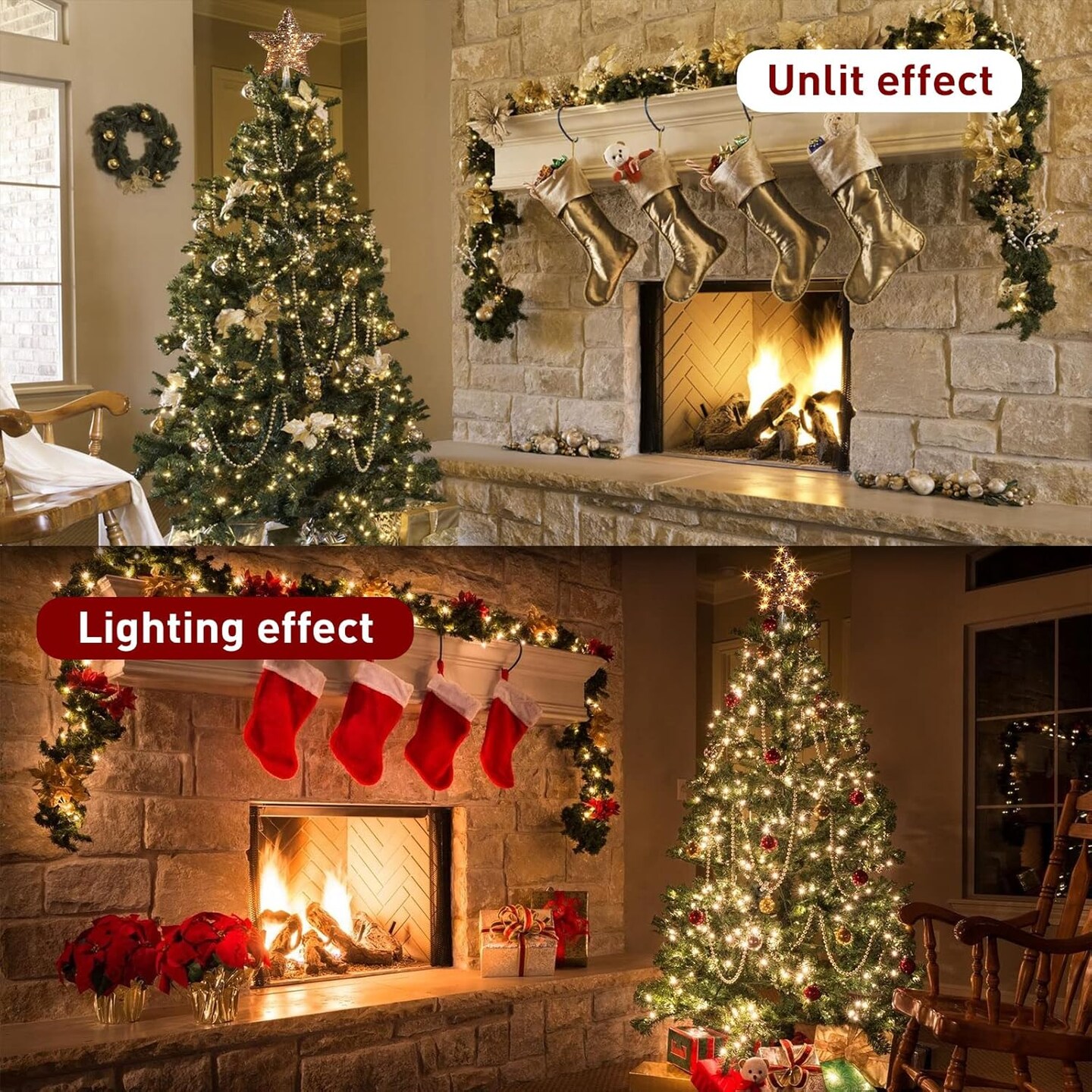 13.37&#x201D; 40 LED Christmas Rattan Tree Topper, Indoor Rustic Natural Star Treetop