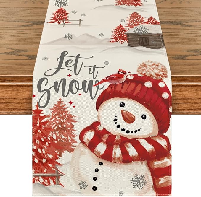 Snowman Christmas Table Runner, Seasonal Winter Holiday Kitchen Dining Table Decoration for Home Party Decor 13x72 Inch