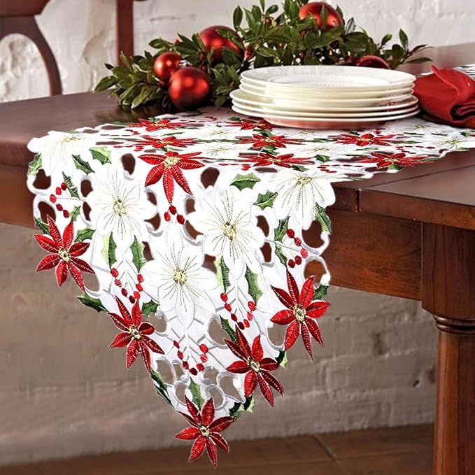 Runners Poinsettia Holly Leaf Table Linens for Christmas Decorations 15 x 70 Inch