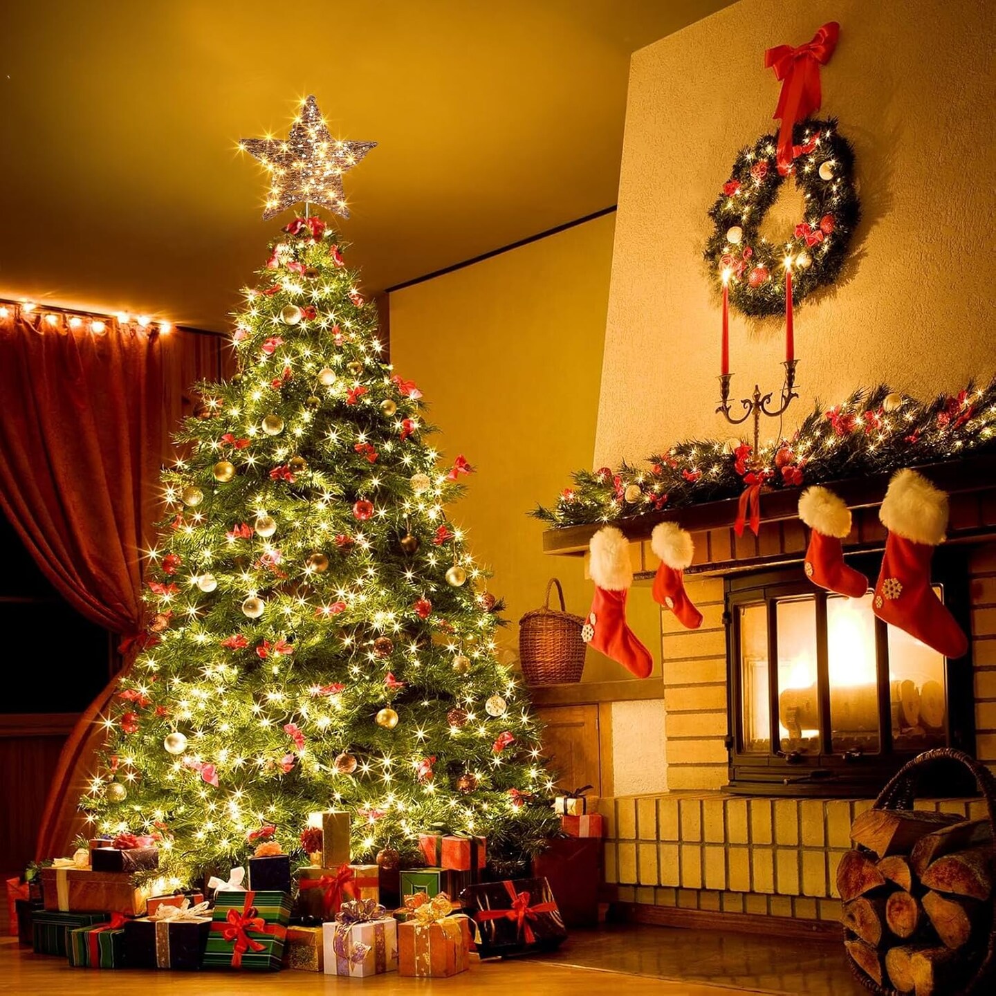 13.37&#x201D; 40 LED Christmas Rattan Tree Topper, Indoor Rustic Natural Star Treetop