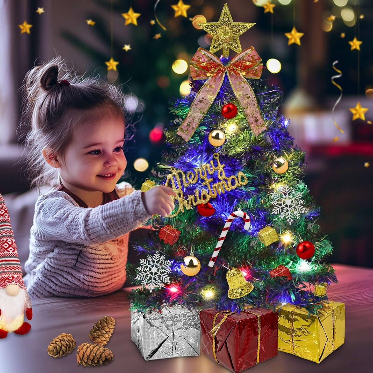 Dual Color Change&Remote Control 24 Inch Tabletop Christmas Tree, 20 LED Warm White&Colored Lights Timer 8 Modes 27 Orantments