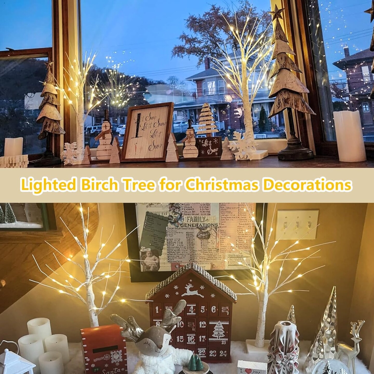 2-Pack 2FT Lighted Birch Tree with Timer for Christmas Decorations, Artificial Tree Christmas Decor Birch Tree with 48 LED Warm White Lights, Tabletop Centerpiece