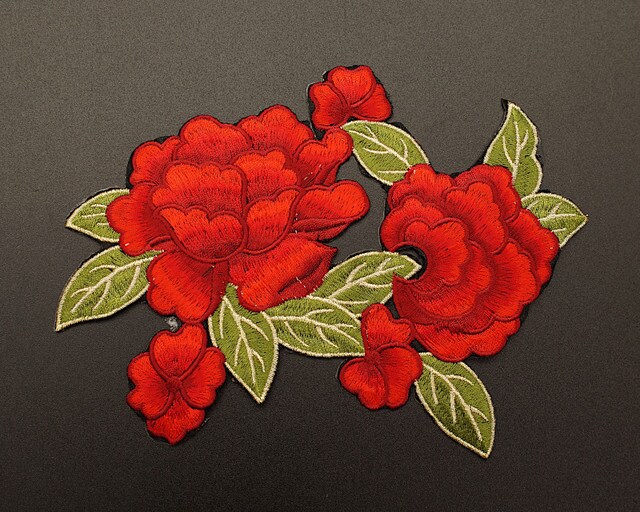 7.25" x 6" Red Iron-On Embroidered Rose Patch Applique Pack of 12