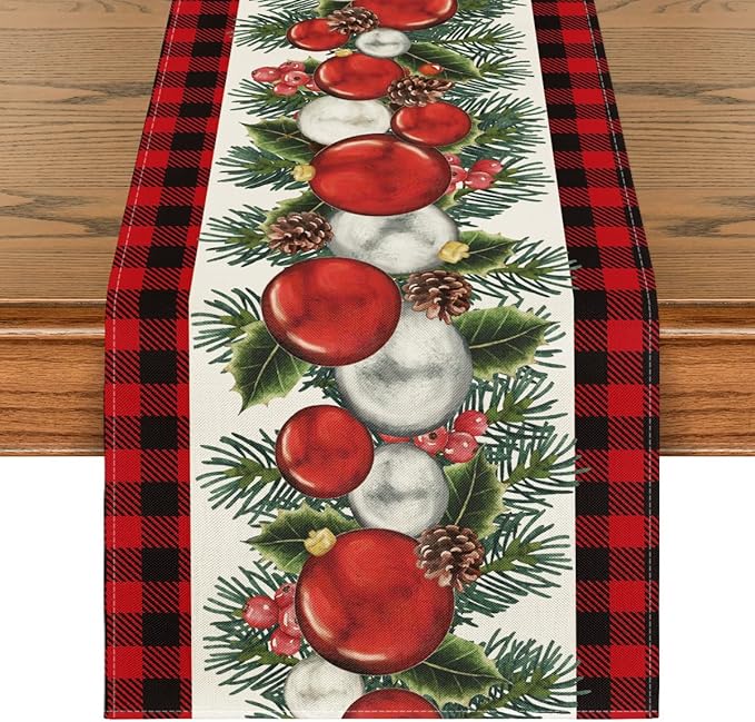 Balls Holly Christmas Table Runner, Winter Kitchen Dining Table Decoration for Outdoor Home Party 13x48 Inch