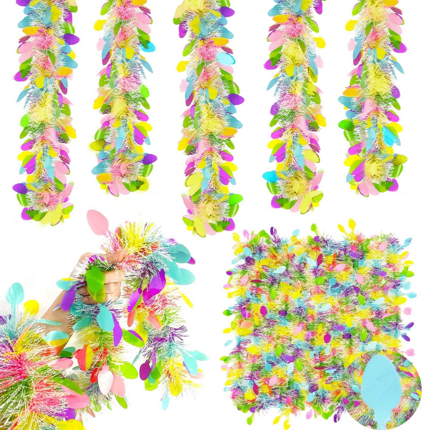 5 Strings Total 75 Ft Easter Tinsel Garlands Decorations with Colorful Easter Eggs Metallic Streamers Hanging Fringe Garland Easter Decorations Outdoor Indoor Home Party, Each 15 Ft by 6"