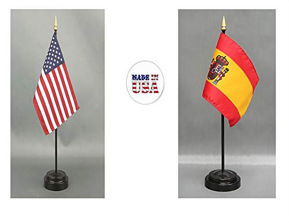 1 American and 1 Spaniard Mini Desk Flags – Set of 2 with Stands, 4"x6" Rayon