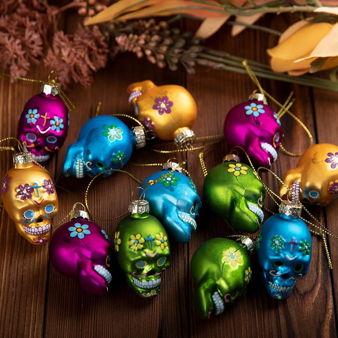 12 PCS Day of The Dead Glass Ornaments - Skull