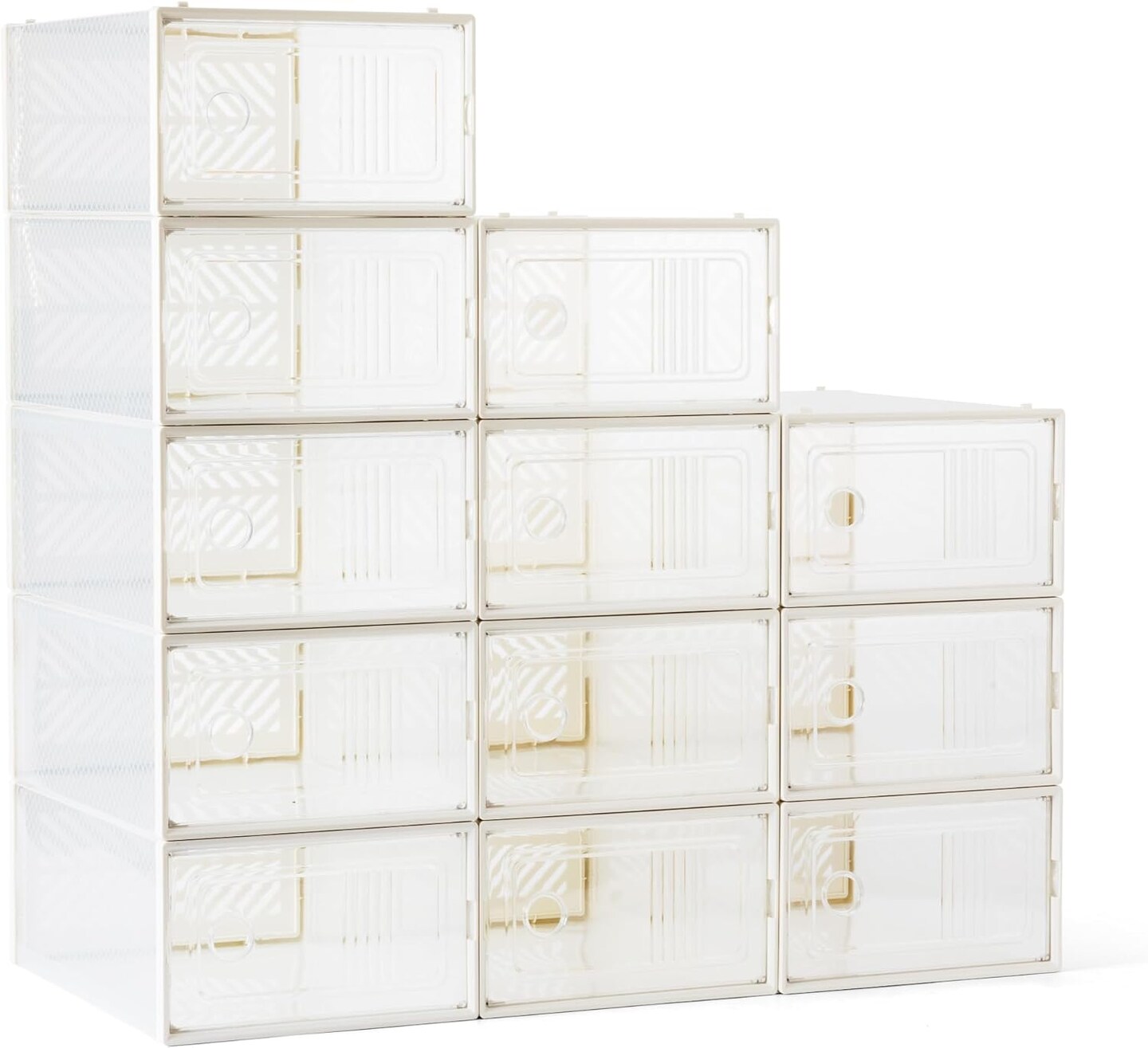 VUSIGN 12 Pack Clear Shoe Storage Boxes, Stackable Plastic Shoe Organizers for Closet, Space-Saving Foldable Sneaker Container Bins with Lids, L, White
