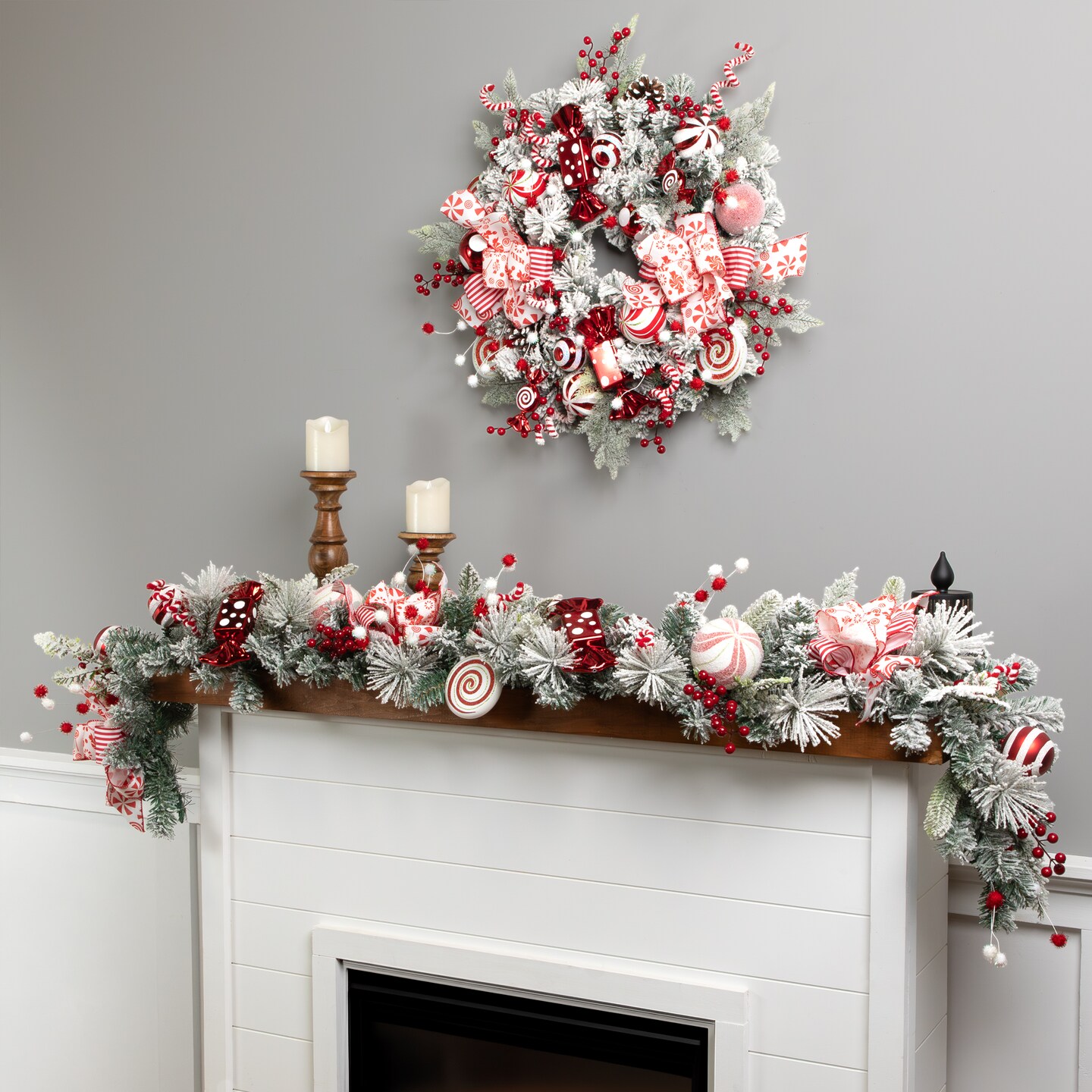 Northlight Heavily Flocked Pine with Candy Cane Striped Ornaments Christmas Wreath - 28&#x22; - Unlit