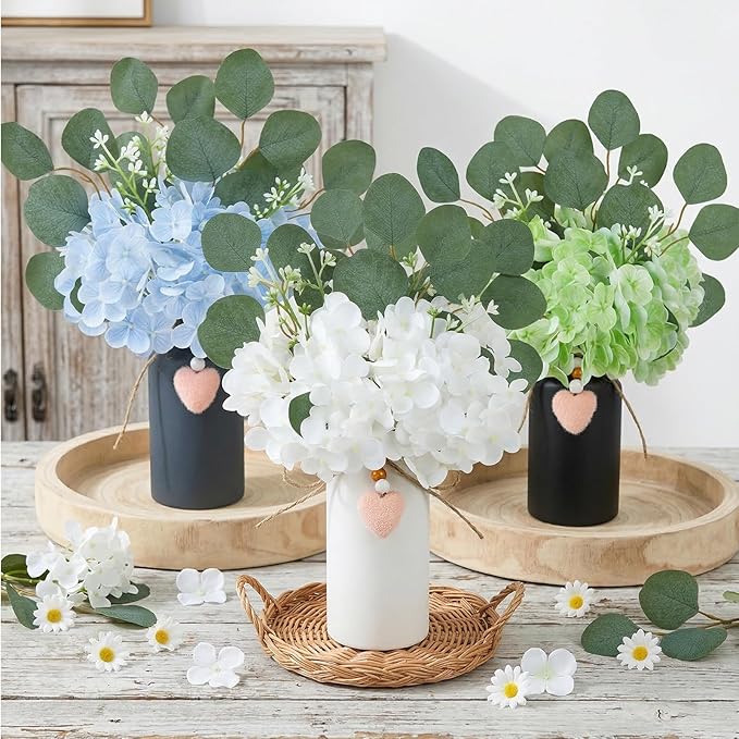 Dining Table Centerpiece Decor – Real Touch Faux Hydrangea with Vase & Eucalyptus Stems – Farmhouse Artificial Floral Arrangement for Kitchen, Mantle, Wedding & Home Decor