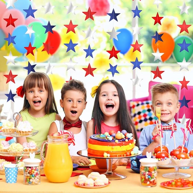 Red White and Blue Star Garland Banner, 66 Feet Patriotic Star Hanging Streamer 4th of July Banner Star Backdrop Decor for 4th Fourth of July Independence Memorial Veterans Labor Day Party Decorations