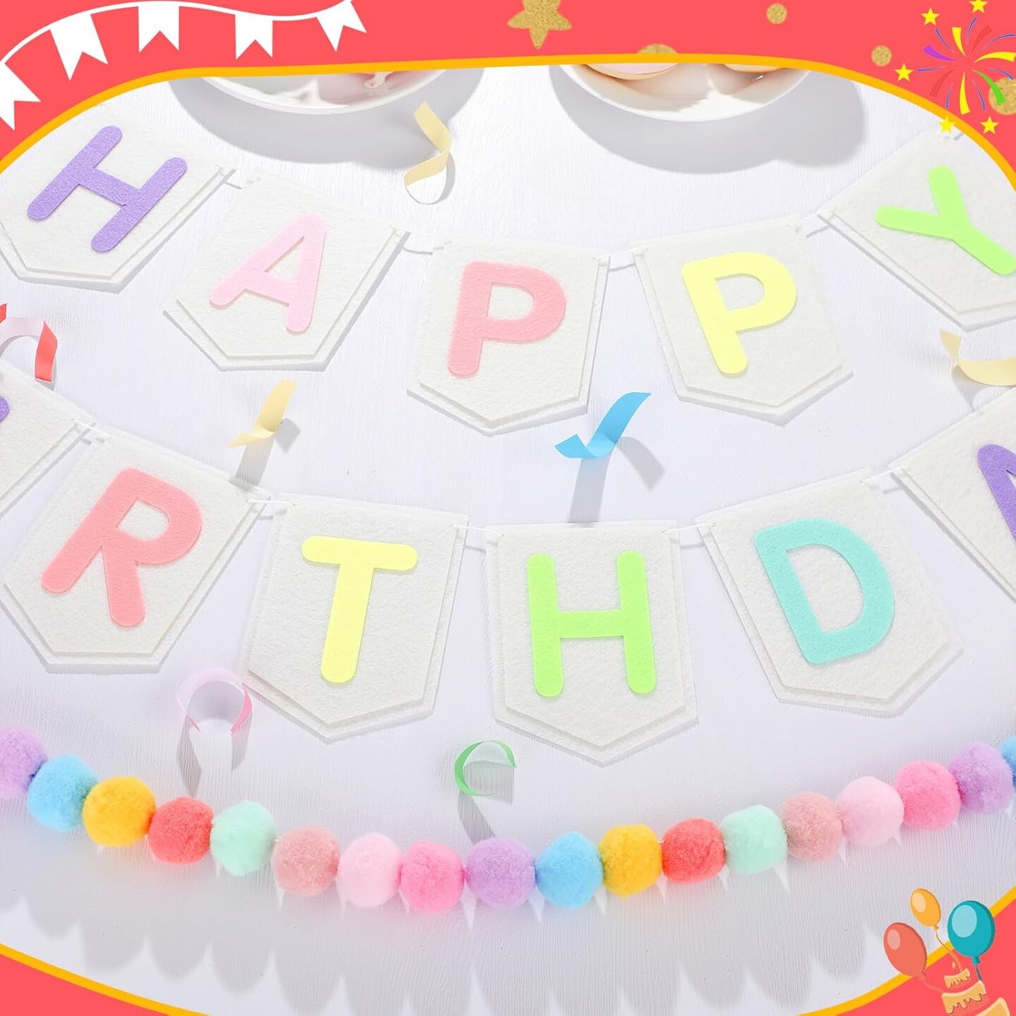 Felt Happy Birthday Banner Pastel Boho Happy Birthday Garland Pom Pom Rainbow Birthday Banner Reusable Birthday Sign Decoration Colorful Festive Cute Birthday Party Supply