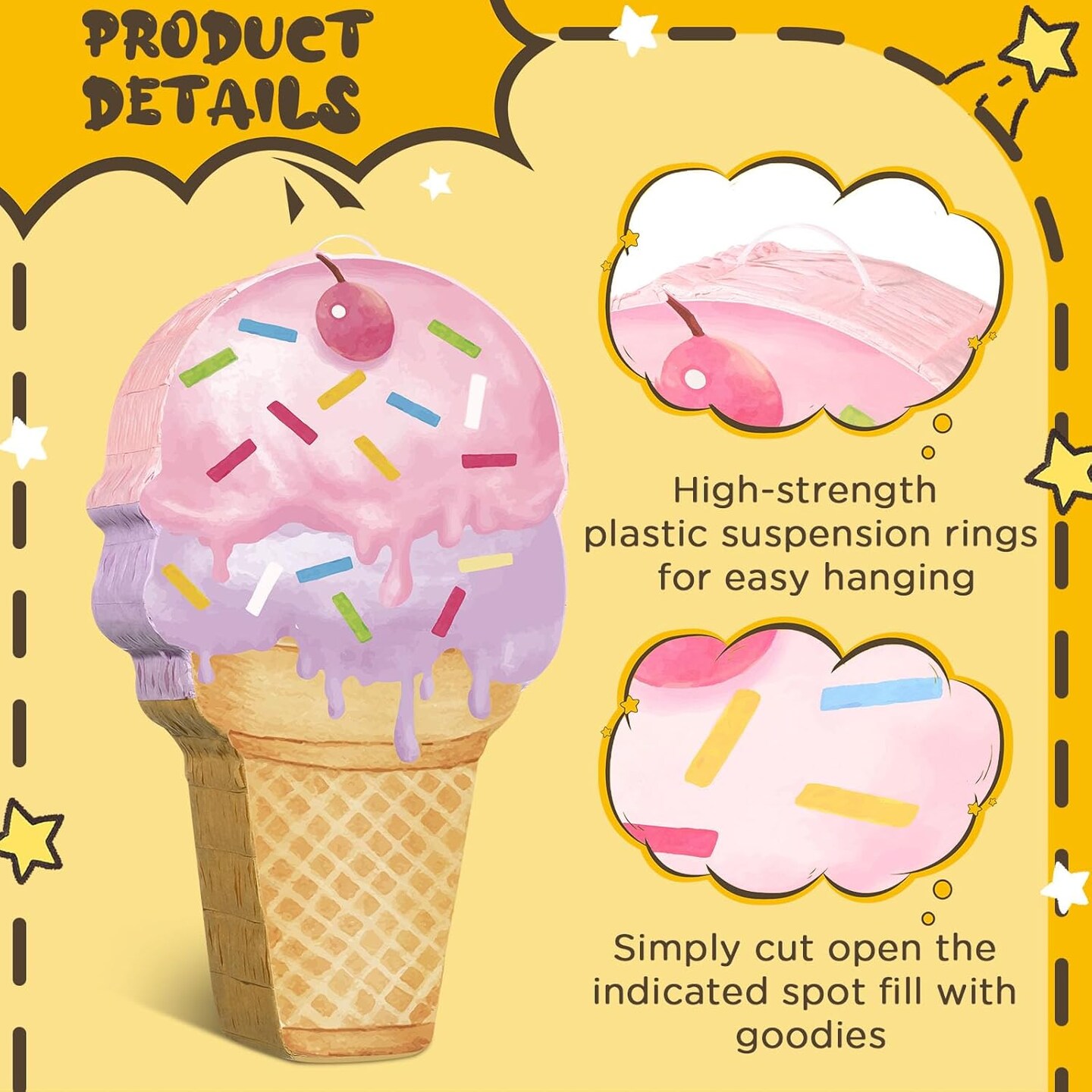 Pink Ice Cream Pi&#xF1;ata Cute Dessert Cone Shaped Pi&#xF1;ata with Stick Blindfold for Ice Cream Candy Birthday Party Summer Baby Shower Wedding Party Supplies Decor,
