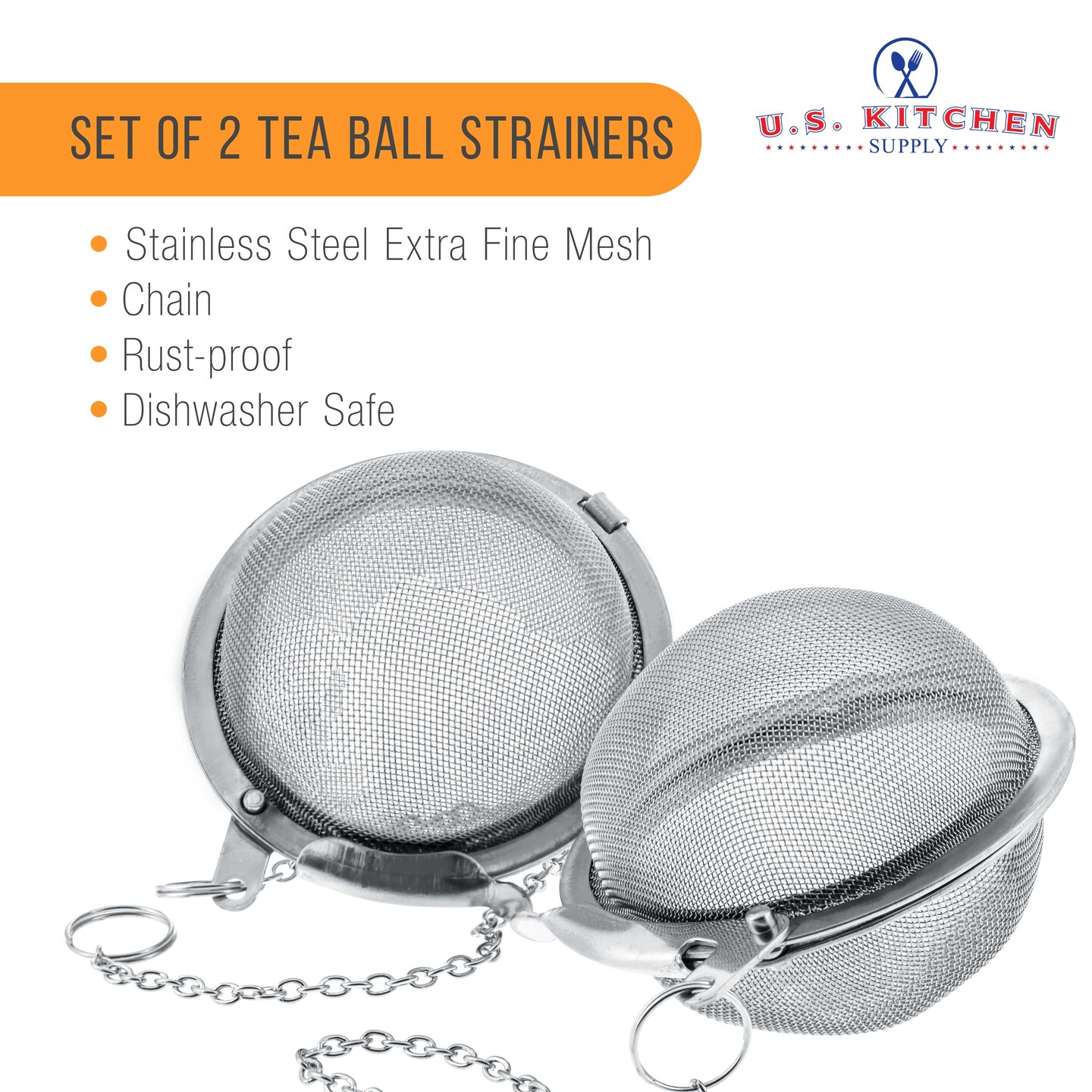 U.S. Kitchen Supply&#xAE; 2 Premium Stainless Steel Tea Ball Strainer Infusers - 2.1&#x22; Size with Extra Fine Mesh
