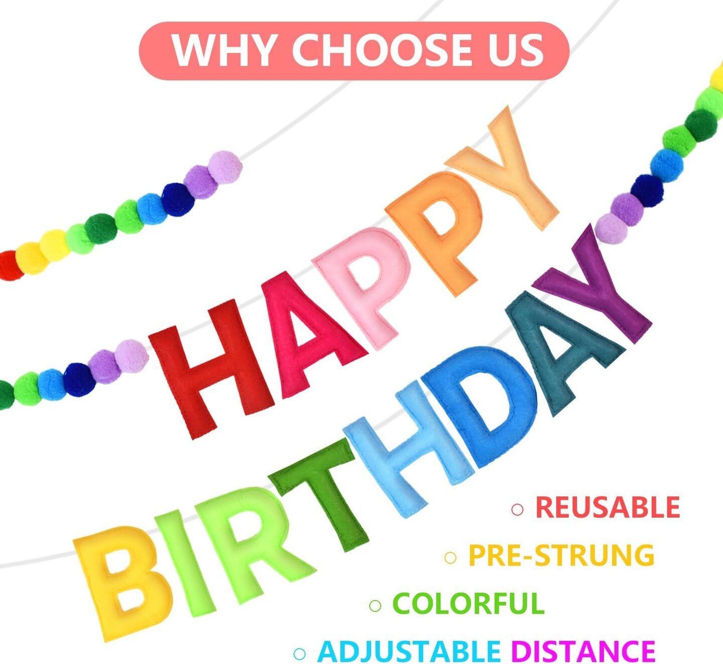 Pre-Strung Felt Happy Birthday Garland with Pompom Balls, Handmade Banner Decorations for Party Decor (Color)
