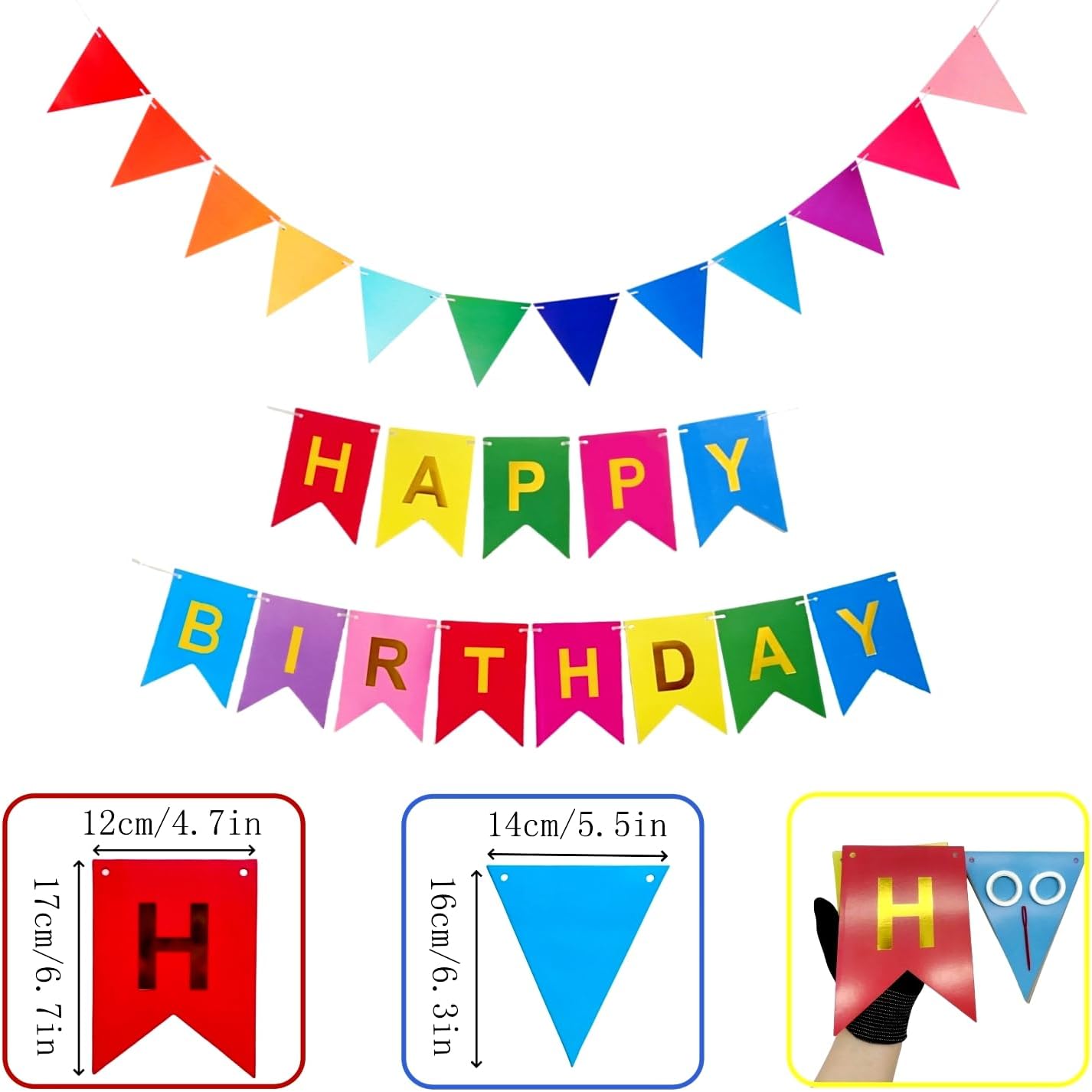 Colorful Happy Birthday Banner with 12pcs Pennant Banner Flags, Rainbow Happy Birthday Sign with Shiny Gold Letters, Party Decorations for Boys Girls, DIY Party Supplies (Multi-color)