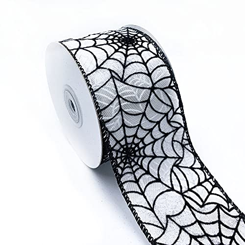 Designer&#x27;s Shop WR 63-5113 Halloween Black Spider Web on White Satin wired edge ribbons, 2.5&#x22; x 10 yards
