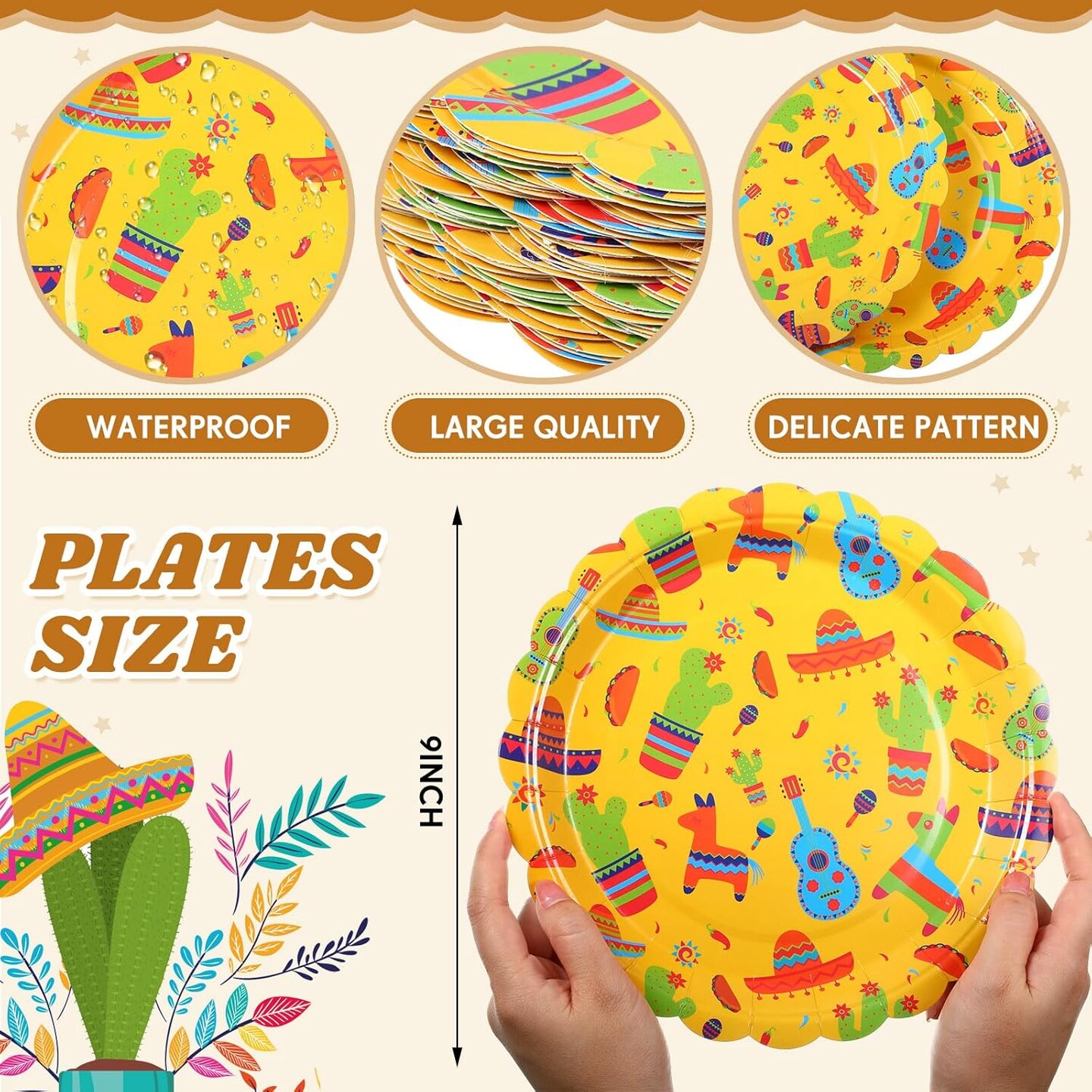100 Pack 9 Inch Mexican Paper Plates Fiesta Dinner Plates Cinco De Mayo Disposable Tableware for Mexican Taco Tuesday Birthday Party Decorations Supplies(Classic)