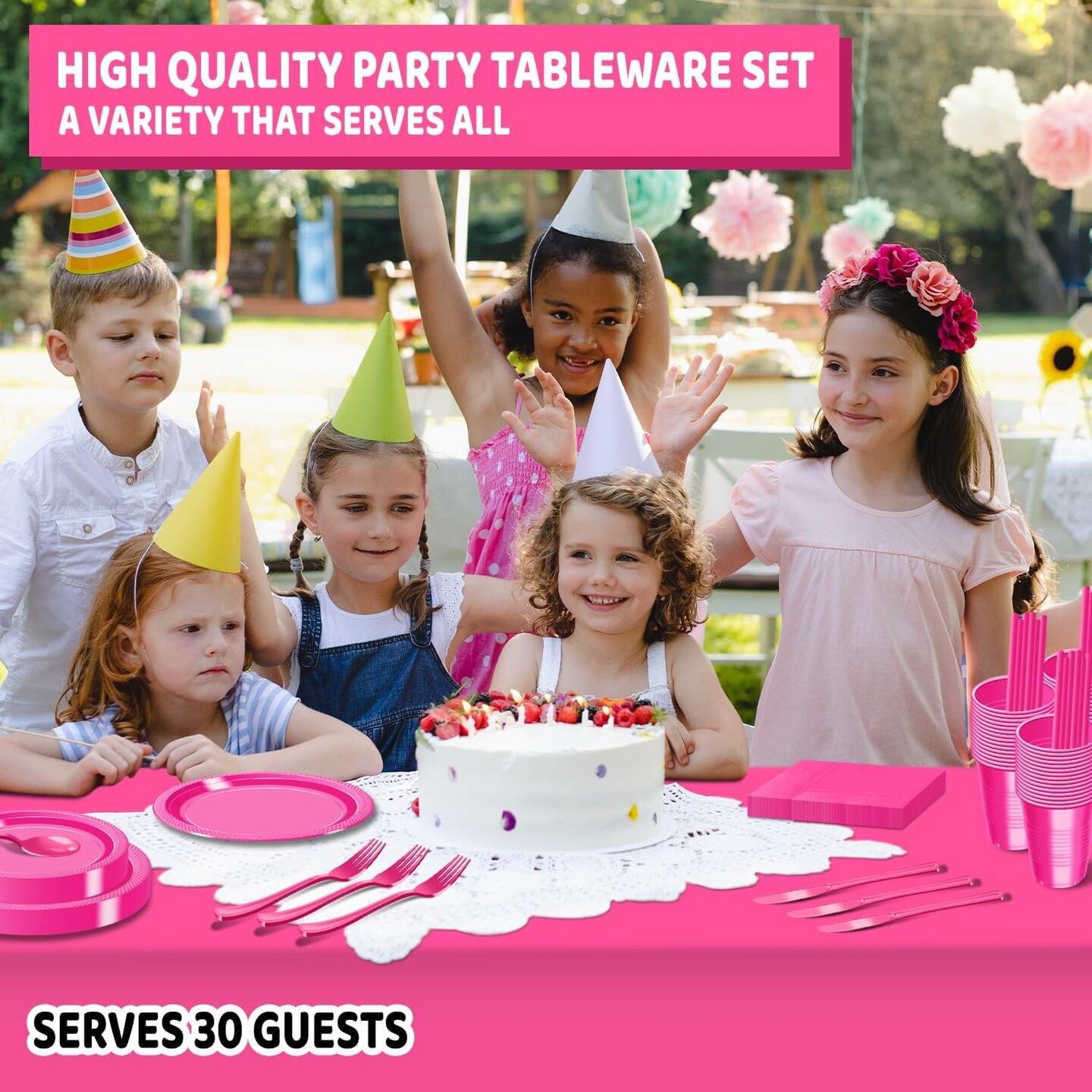 242 Pcs Plastic Dinnerware Set Includes 30 Of Each 9&#x22; Dinner Plates |7&#x22; Dessert Plates|12 oz Plastic Cups | Napkins|Straws|Spoons, Forks &#x26; Knives (Hot Pink, 242PCS&#xFF08;30 Guests&#xFF09;)