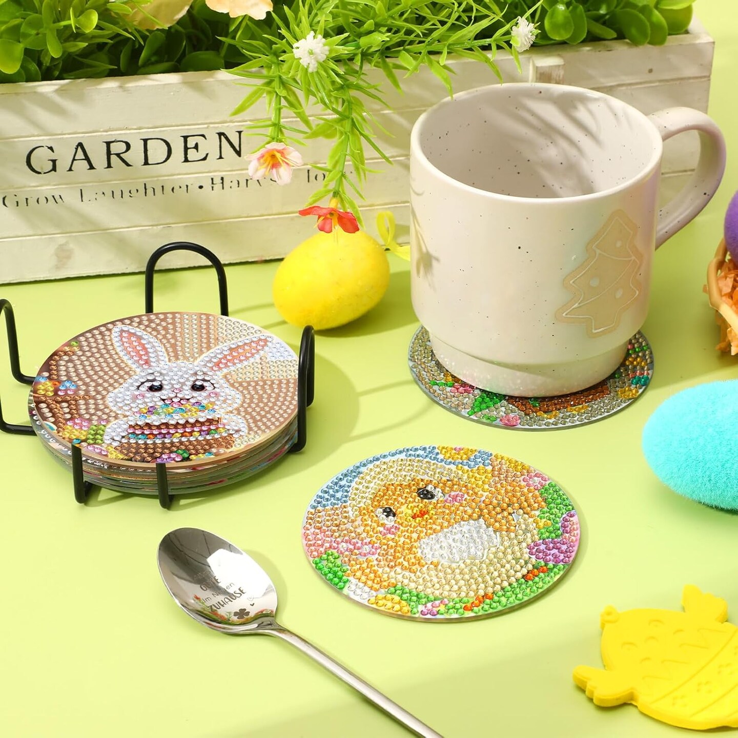 8 Pieces Easter Diamond Art Coasters,Bunnies Diamond Art Coaster for Adults Diamond Kits Supplies for Spring Easter Gift