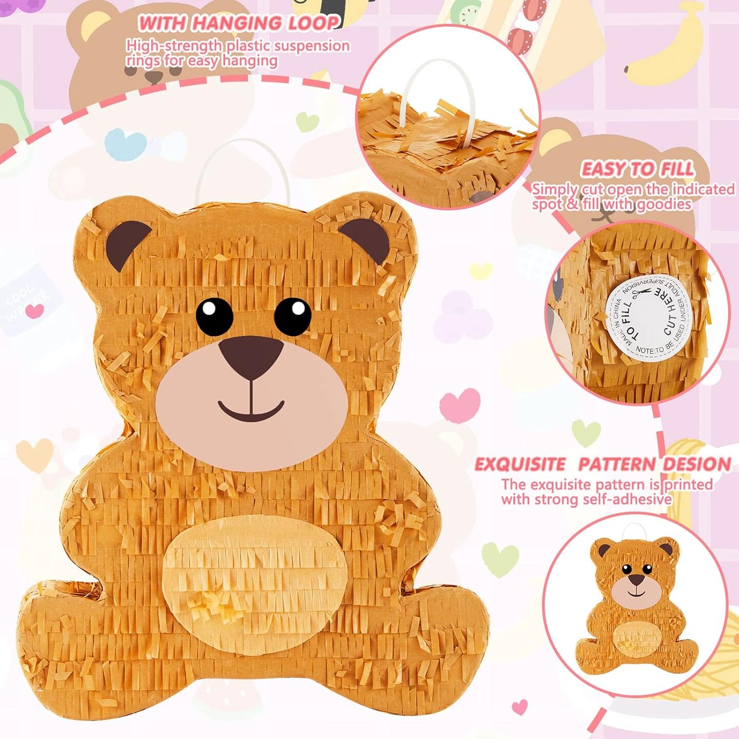 14.5 Inch Bear Pi&#xF1;ata Bear Themed Birthday Party Supplies Animal Pi&#xF1;ata with Wood Bat Stick, Paper Blindfold and Confetti for Valentine&#x2018;s Day Baby Shower Party Decor Kid Adult Boy Girl