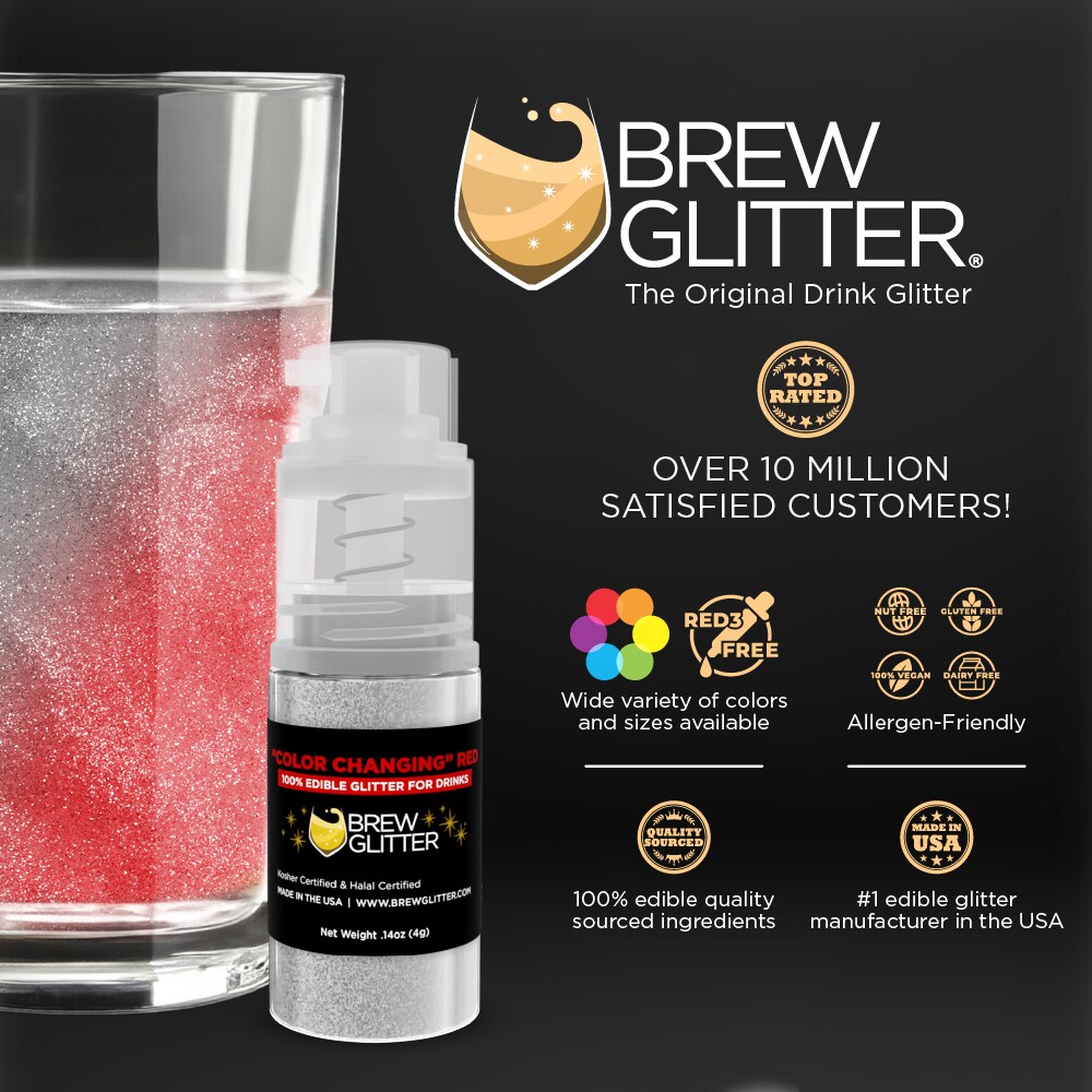 Brew Glitter - Red Color Changing Edible Drink Glitter (4g, Mini Spray Pump) for Beer, Cocktails and Beverages